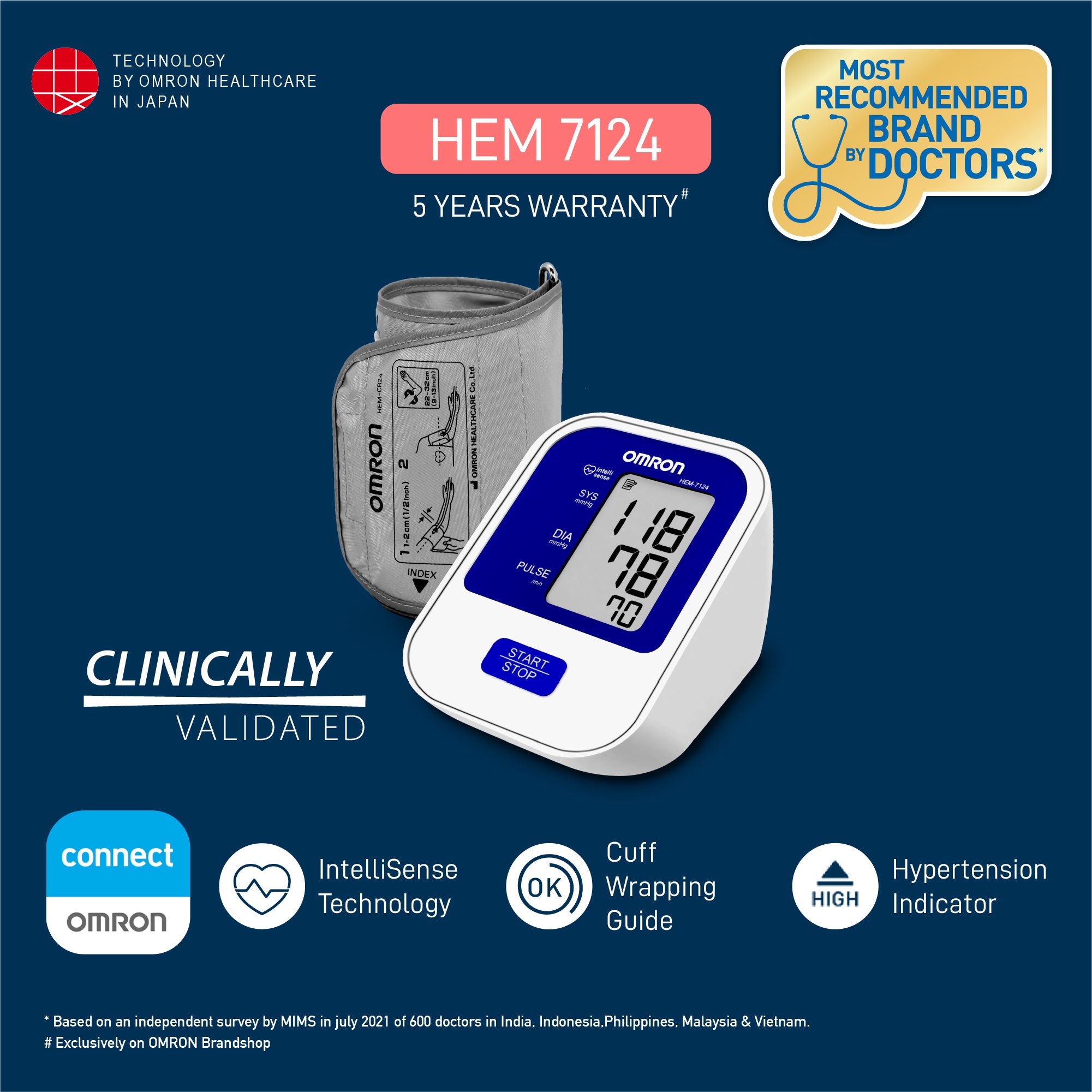 Omron HEM 7124 with Hypertension Indicator and IntelliSense Technology